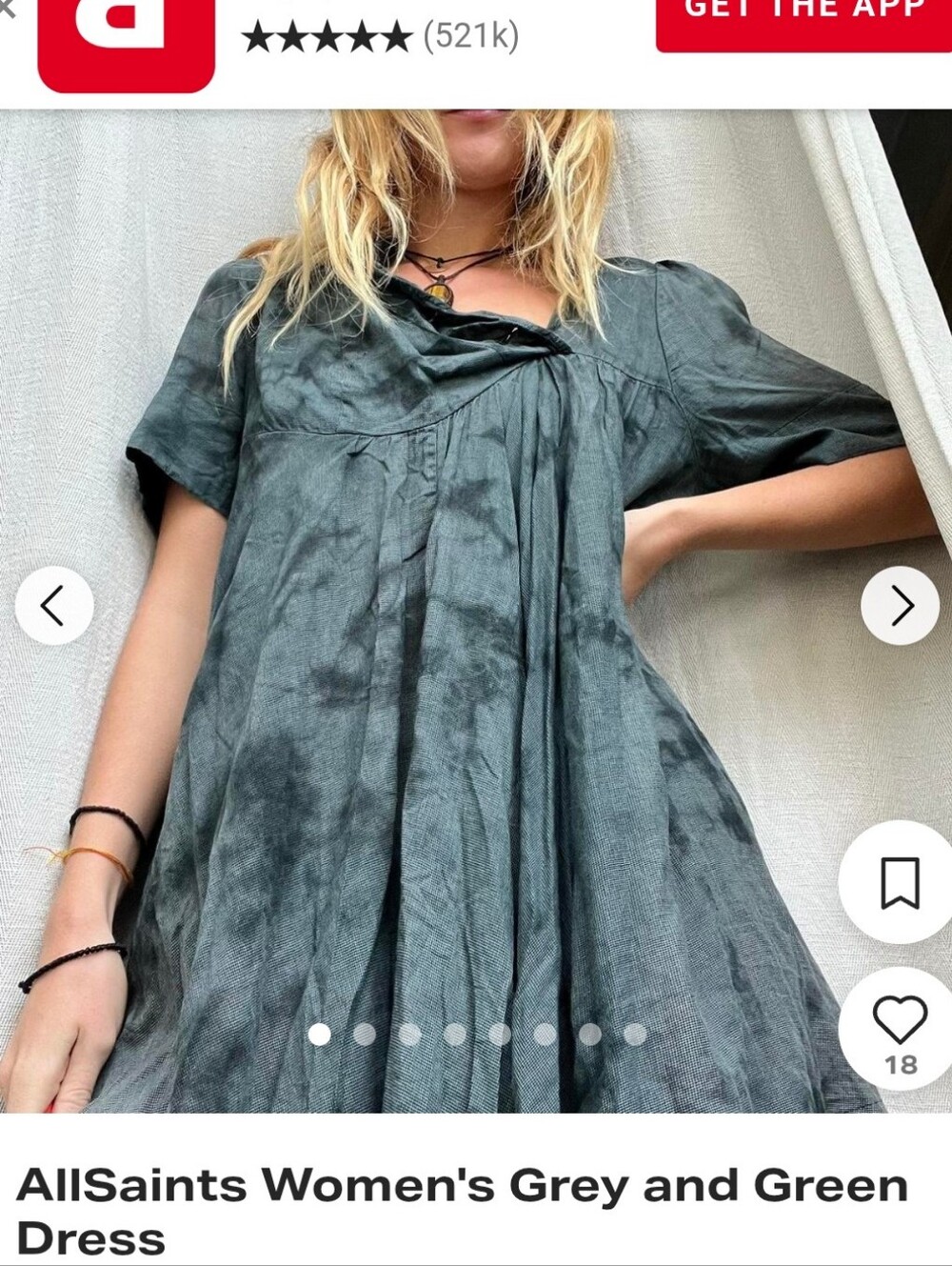 All Saints Grey-Green Tie-Dye Short Sleeve Dress. Tunic. Cotton.